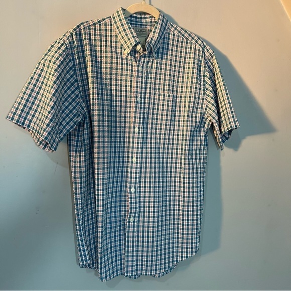 LL Bean Blue White Plaid Short Sleeve Shirt | Casual Cotton Shirt | Summer Shirt - Picture 7 of 11